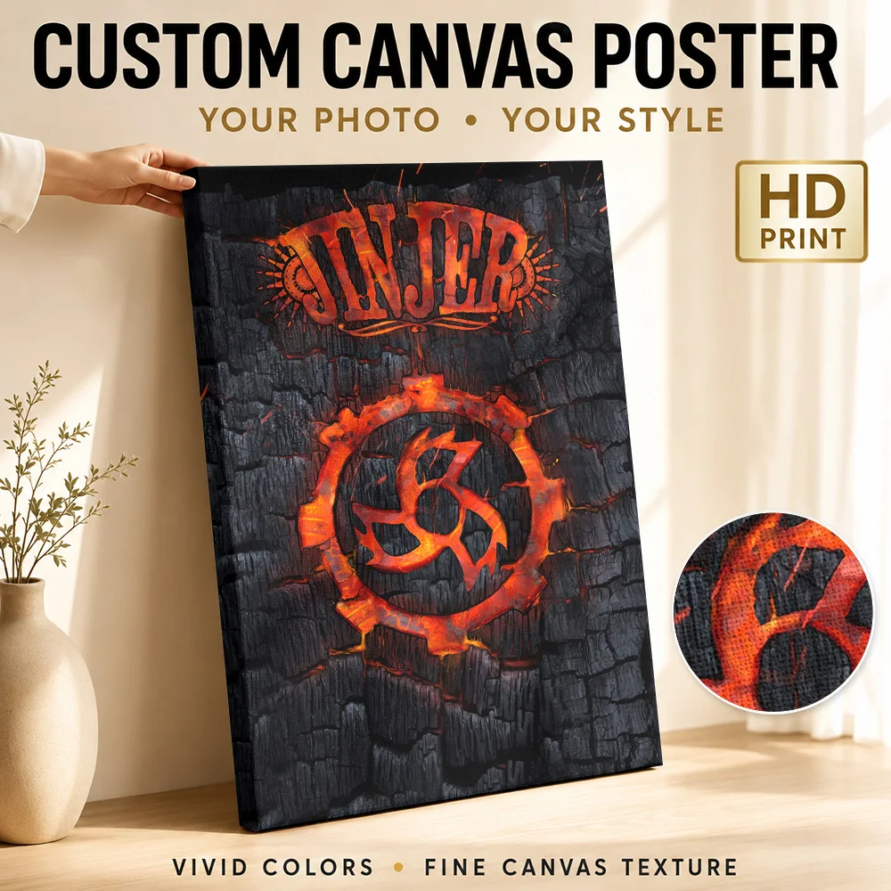 Jinjer Emblem Against Charred Wood Canvas Print Customized Photo Dark Ember Background Wall Art For Rock Music Listening Room