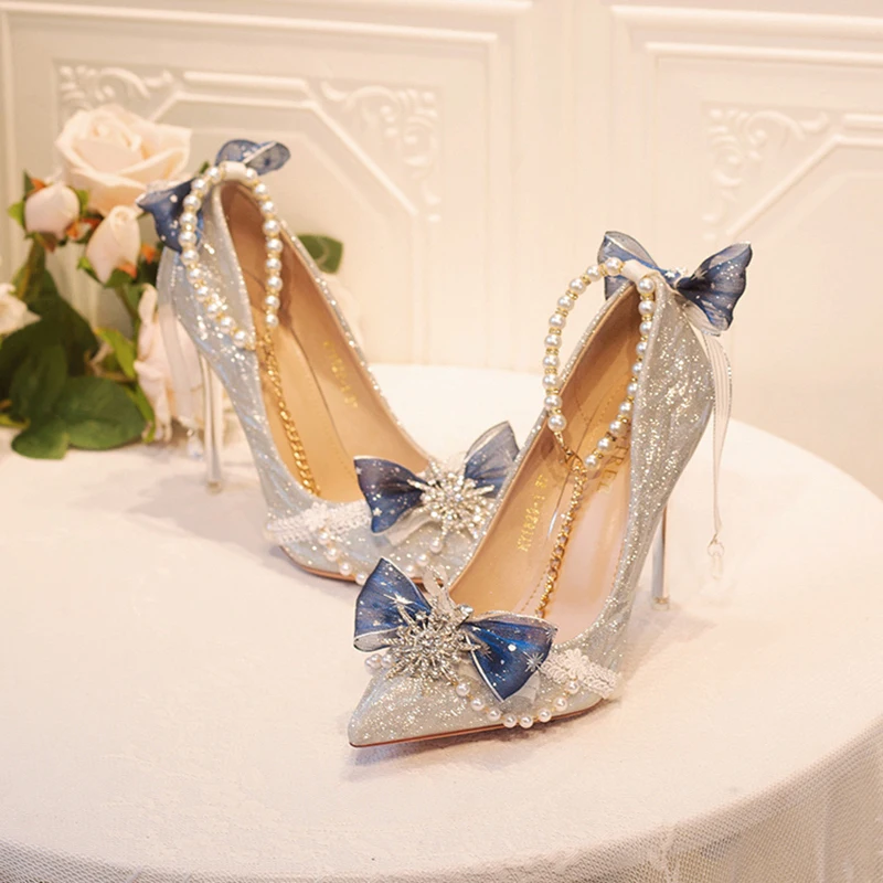 French Lolita Elegant Palaca Girl Shoes Noble Gentle Tea Party Lace Bowknot Pearls Gems Wedding Pointed Sandals High Heeled