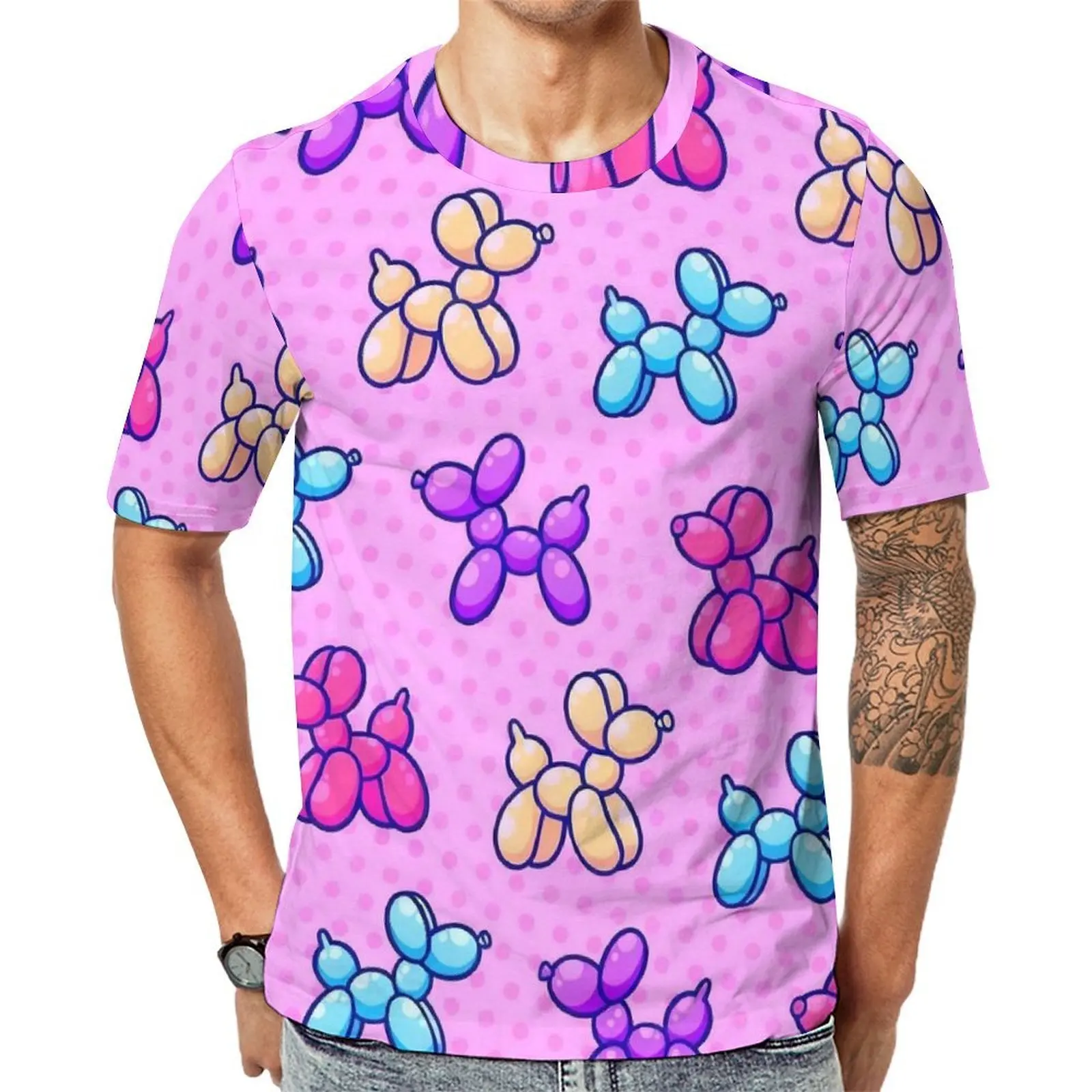Plus Size T Shirt Summer Cartoon Balloon Dog Pink Print T Shirts  Y2K Fun O Neck Tshirt Mens Hip Hop Graphic Tees