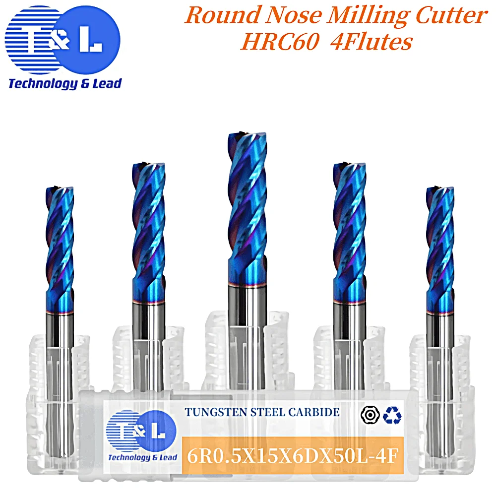 T&L HRC60 Blue Nano Coating Tungsten Steel 4-Flute Round Nose Milling Cutter CNC Machining Center Special Endmills Tools