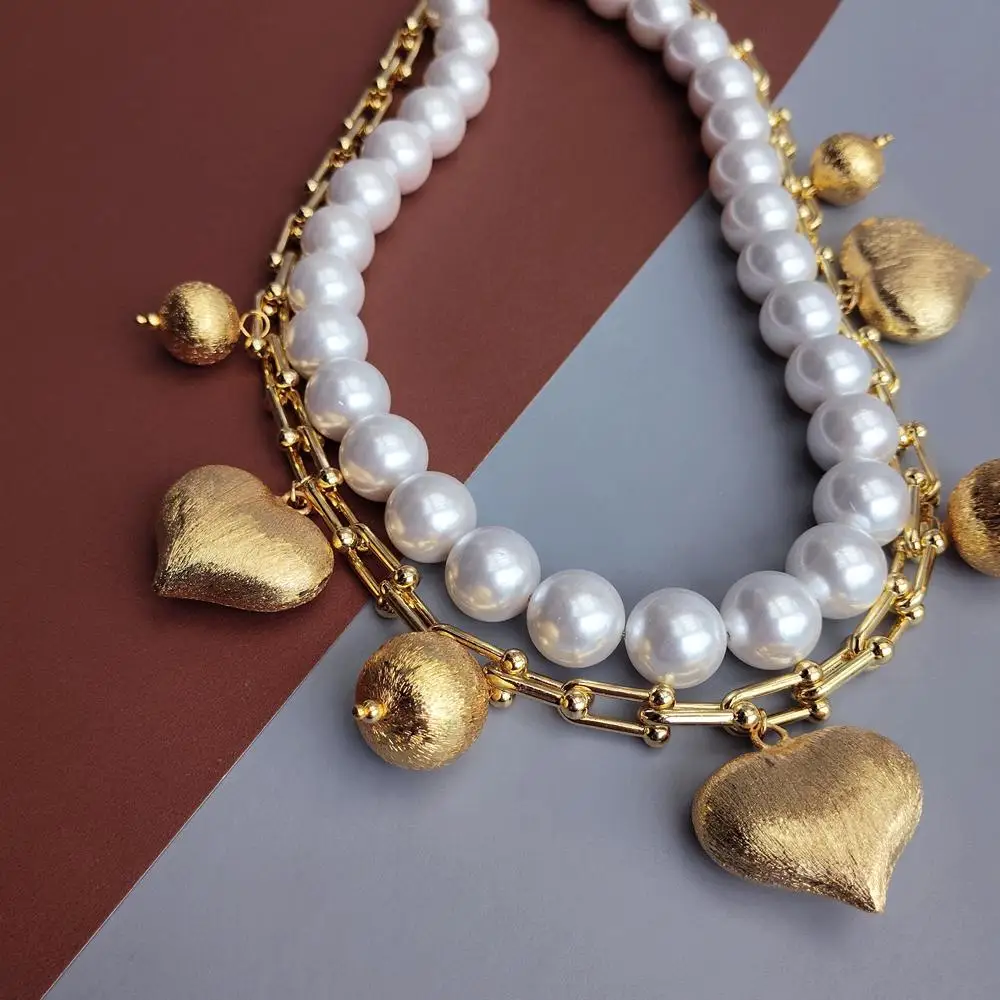 Y·YING White Gold Plated Brushed Heart Pendant Chain Sea Shell Pearl Necklace
