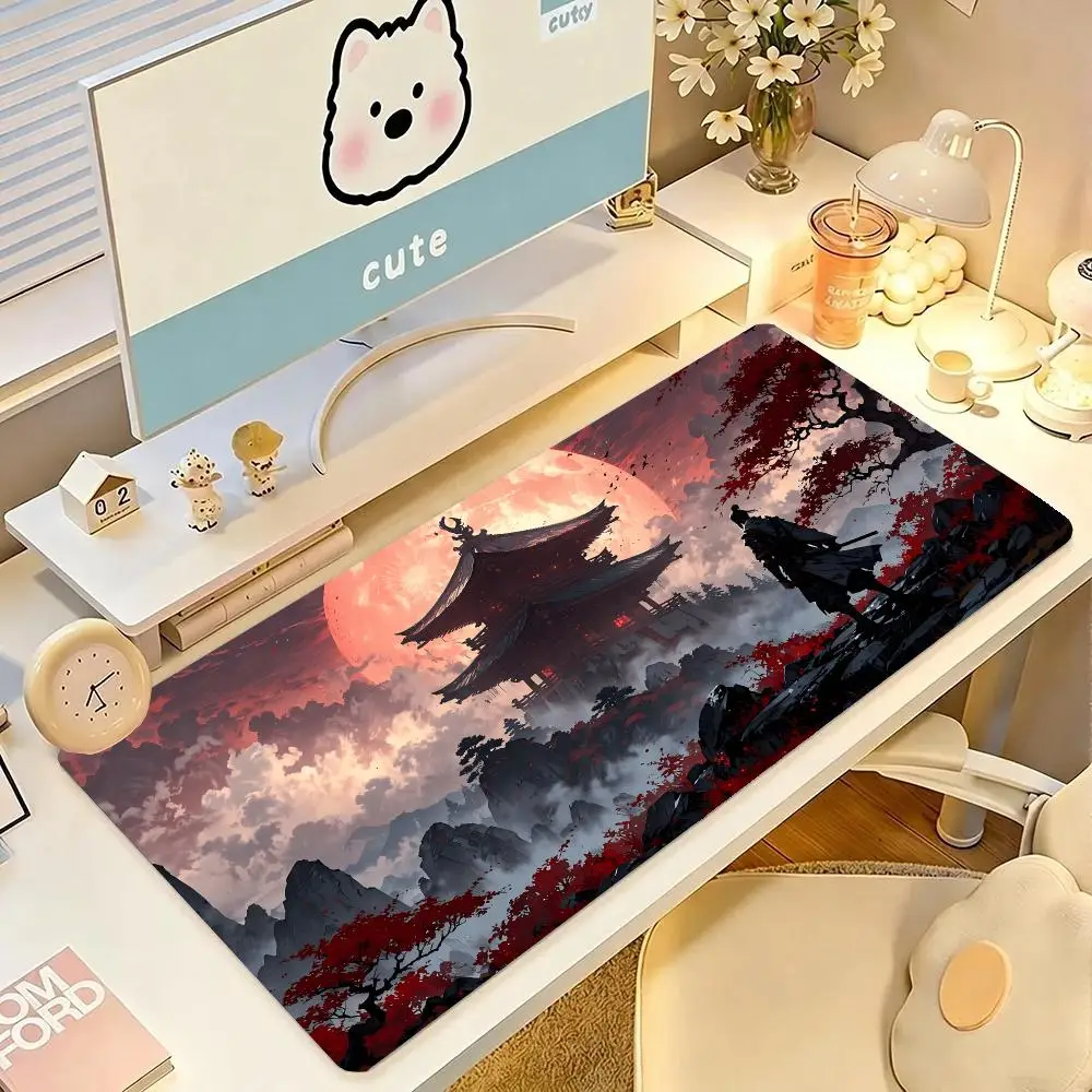 Table Mat Ancient Pagoda Red Moon Samurai Silhouette Landscape Mousepad Large Size For Laptop Gaming Playmat