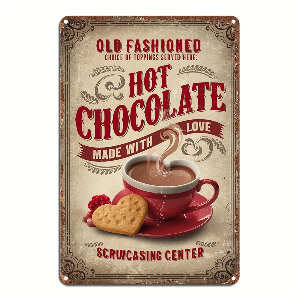 1pc of Vintage Metal Tin Sign Featuring The Artwork 'Hot Chocolate Love', Perfect for Rustic
