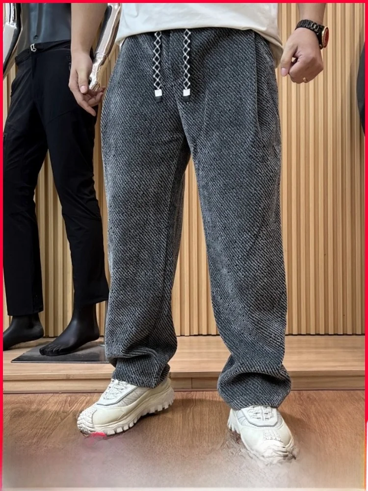 

Men's Thiened Fce Lined Straight Leg Casual Pants Autumn Winter Heavyweight Snail Fabric Silver Stripe Trendy Trousers