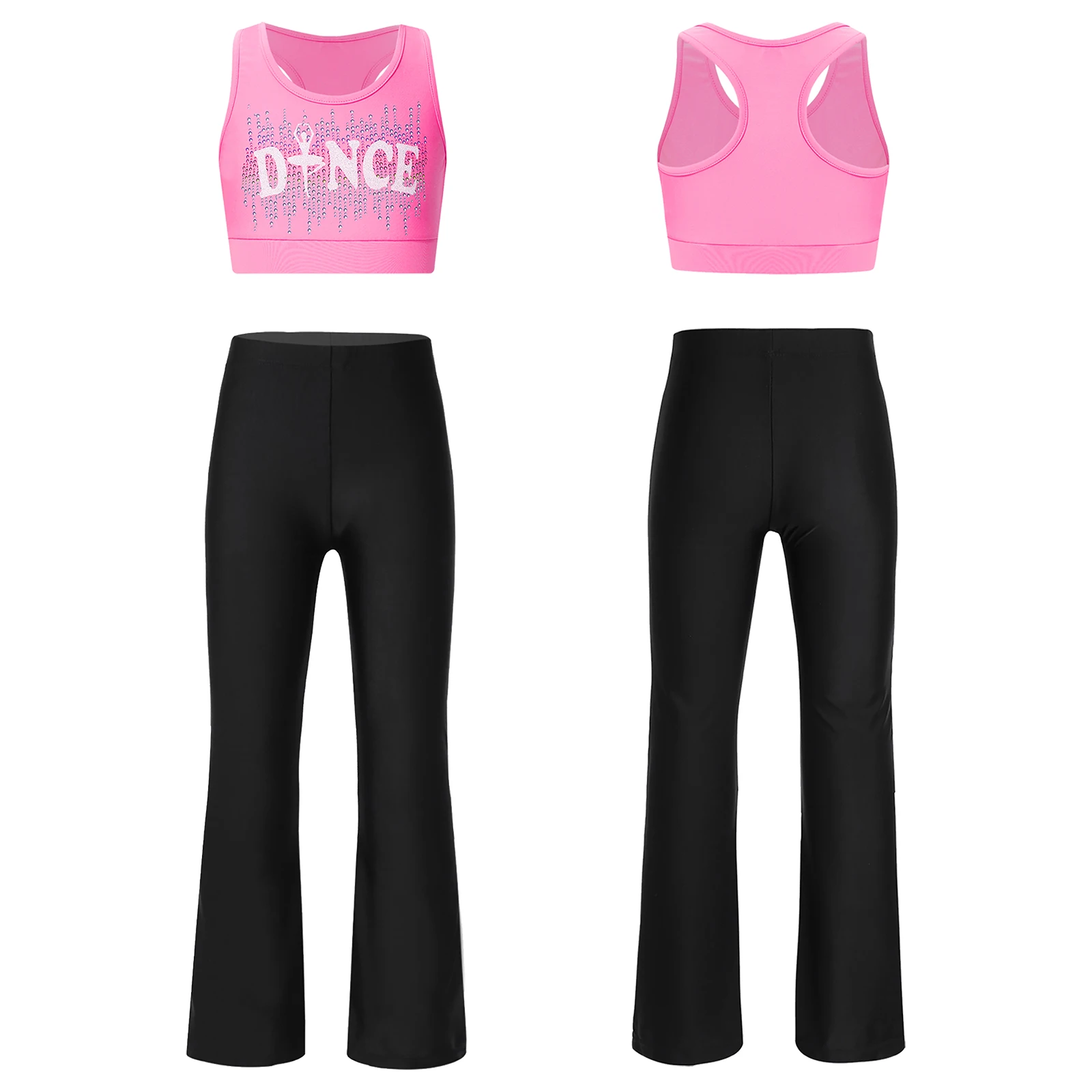 

Kids Girls Hip-hop Street Dance Costume Sportwear Fashion Sleeveless Printed Racerback Crop Tops+Flare Pants Set for Performance