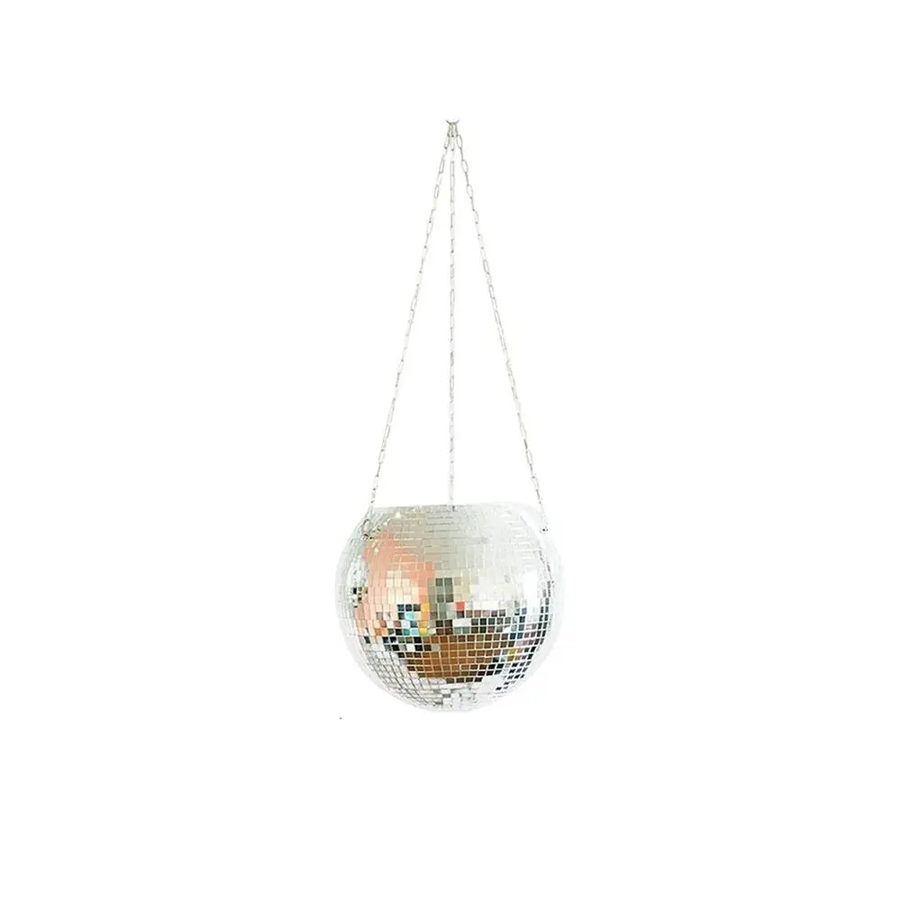

Chain Hanging Flower Pot Glass Mirror Wood Base Disco Ball Flower Planter Rust-proof Easy To Install Plant Hanger Home