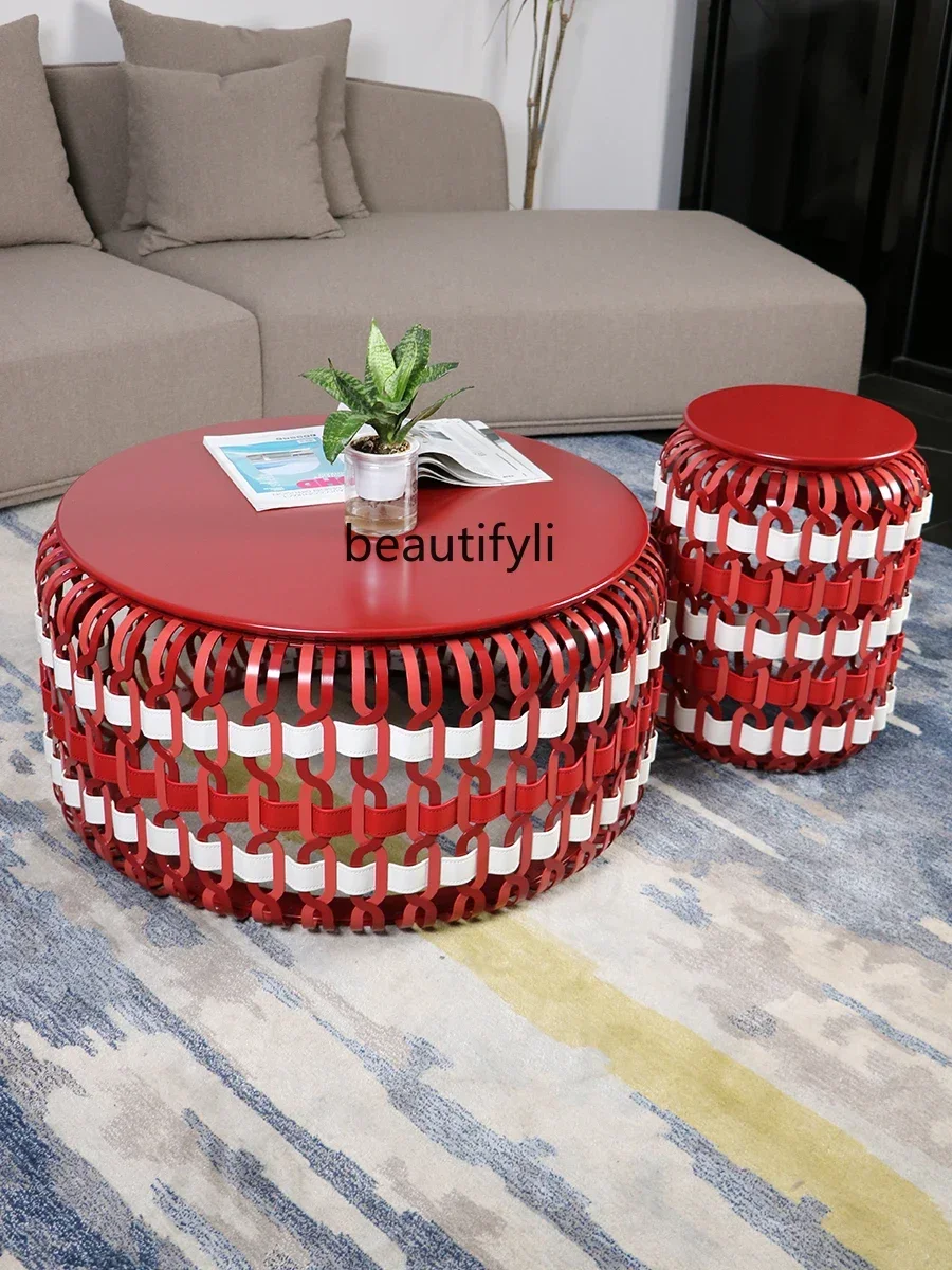 

LXLight Luxury Creative Lantern round Tea Table Villa Household Living Room Stainless Steel Woven Modern Simple Luxury Tea Table