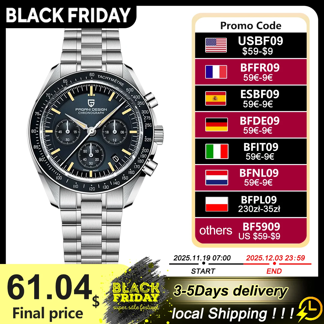 PAGANI DESIGN 2025 New Moon Watch Retro Luxury Quartz Watches For Men Stainless steel Luminous waterproof Sport Chronograph Man