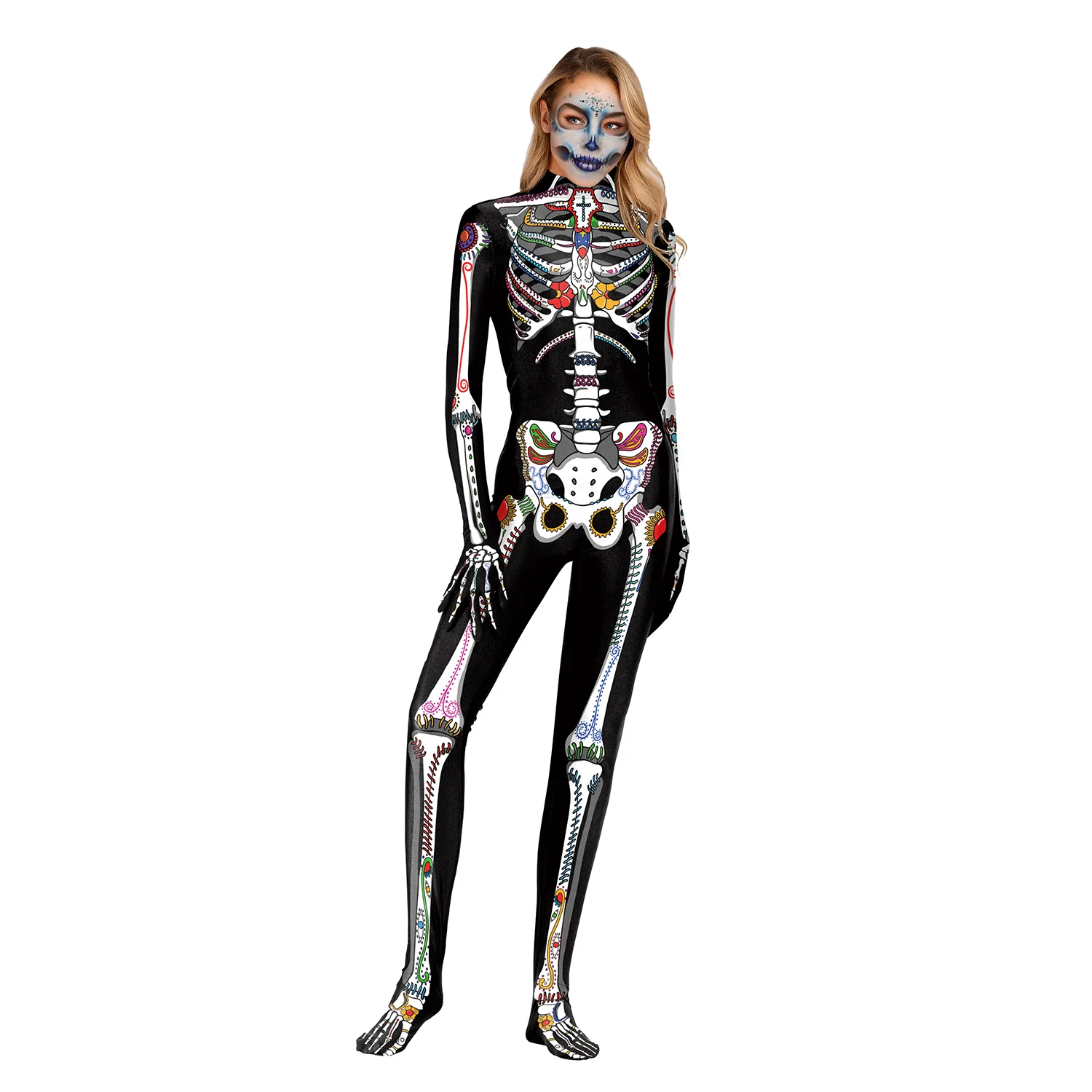 Zawaland Halloween Cosplay Costumes Full Body Jumpsuit Carnival Party Sexy Women Horror Skeleton Printing Zentai Suits