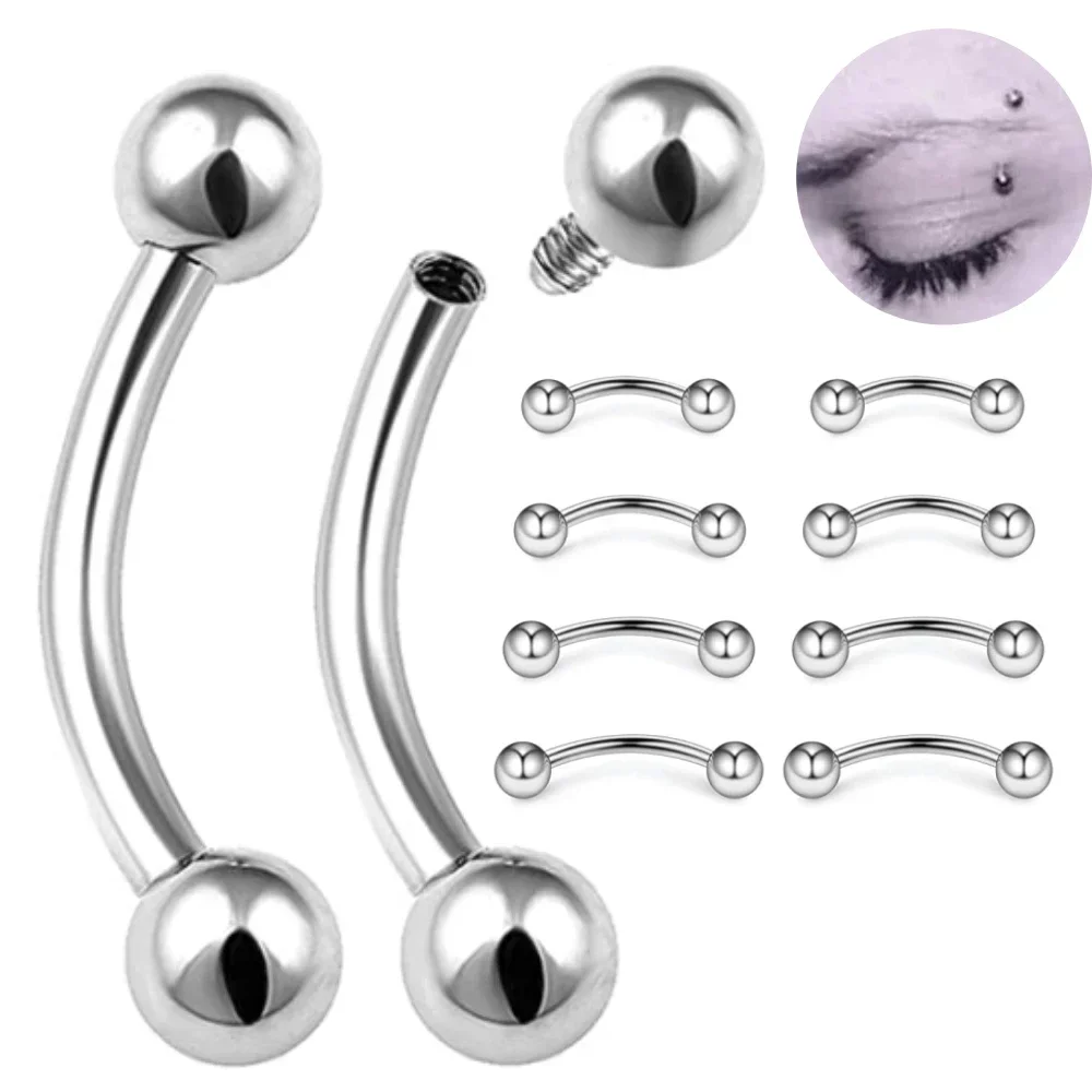 4/8pc 6mm - 14mm Bar Steel 16g Eyebrow Ring Ear Tragus Monroe Lip Stud Internally Threaded Curved