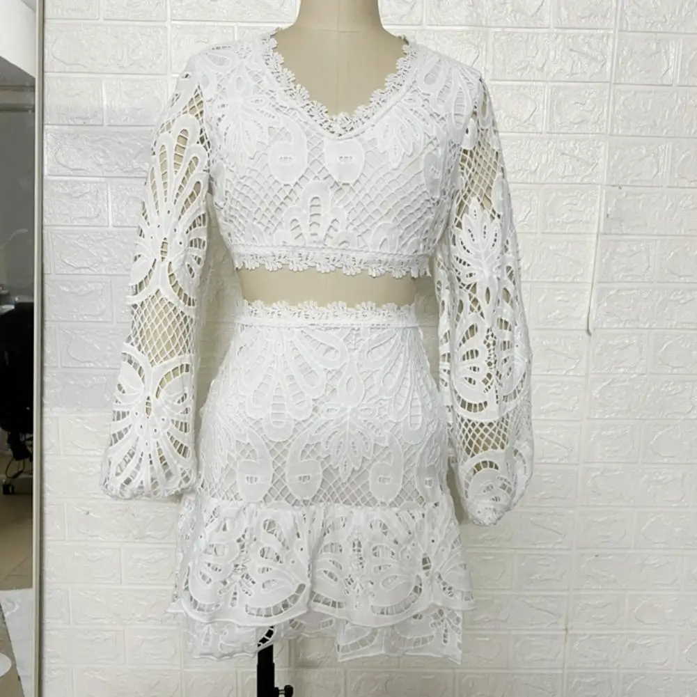 Skirt Set Guipure Patch with Cami Lace Embroidery Suit Women Matching Sets White Crop Top Mini Skirt Sexy Slim Two Piece Sets