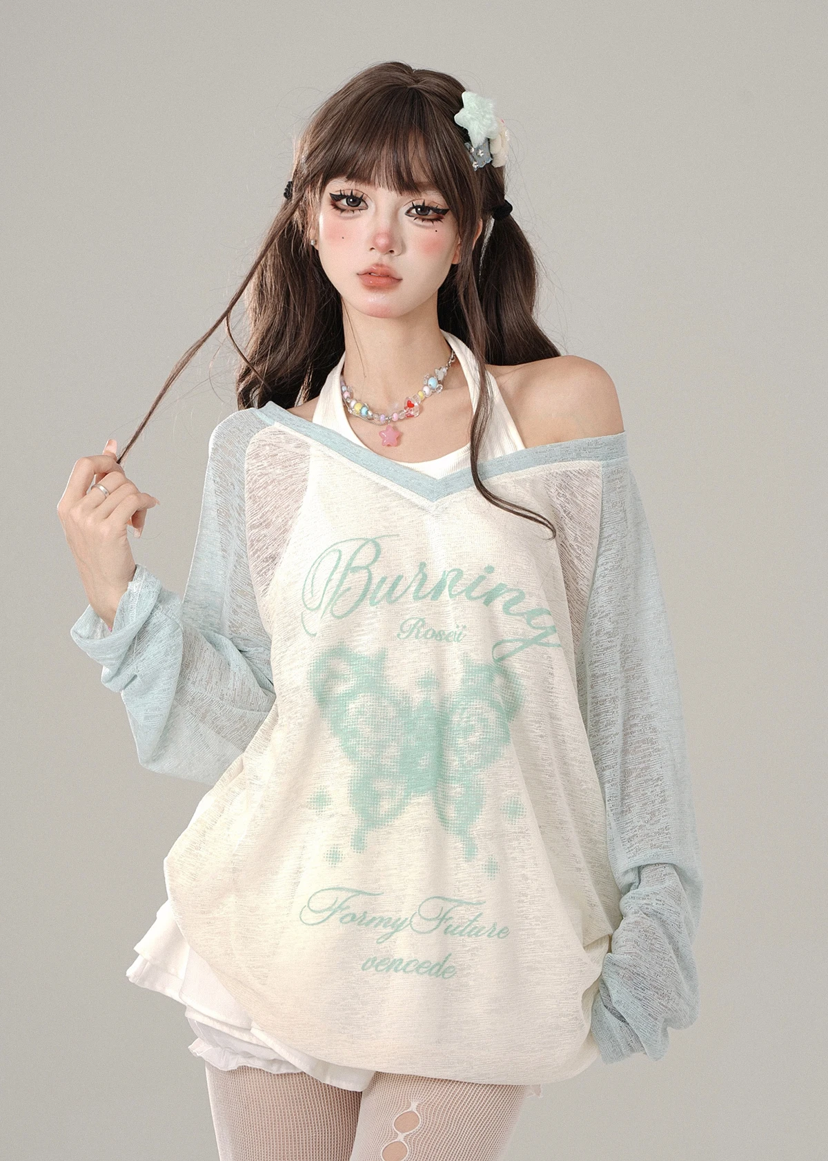High Quality Hot Selling Wholesale T-Shirt Women Loose See Through Top Sunscreen Cover Hanging Neck Camisole Vest Two-Piece Set