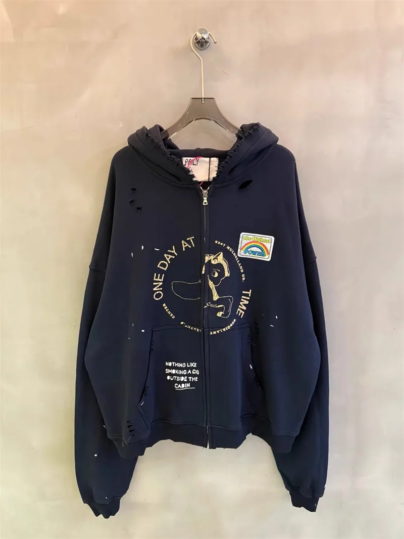 Paly Hollywood Distressed Zip Up Jacket Men Women Vintage Washed Rainbow Patch Print Oversized Sweatshirt