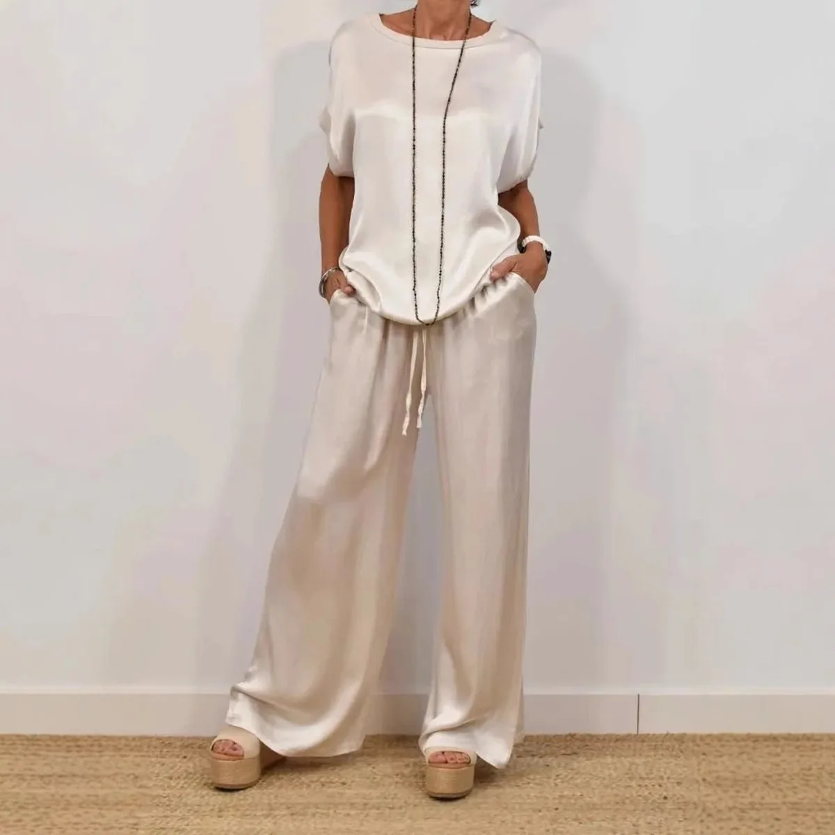

2025 Summer Satin Two Piece Set For Women V Neck Bat Sleeve Top Casual Loose Lace Up Wide-leg Pants 2 Piece Suit Home Outfits