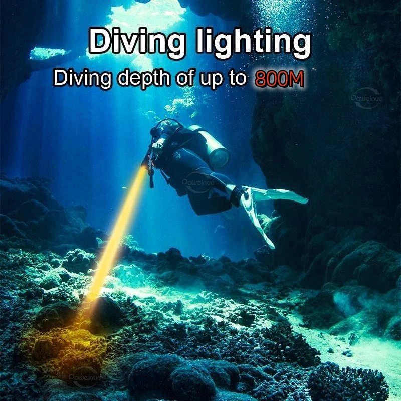 NEW XHP190 SuperBright Scuba Diving Flashlight IPX8 Yellow Light Professional Diving Torch Underwater Lamp 800M Waterproof Light