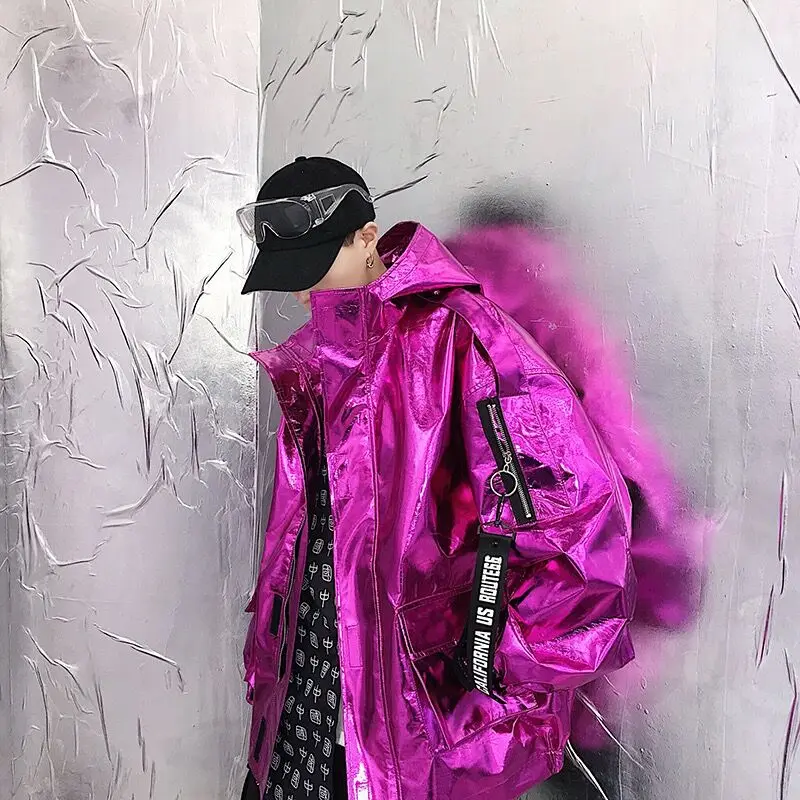 

Senior Laser Reflect Stage Men Jacket Hooded Night Club Party Coat Hip Hop Punk Motor Outerwear Disco DJ Singer Kpop Ins Jackets