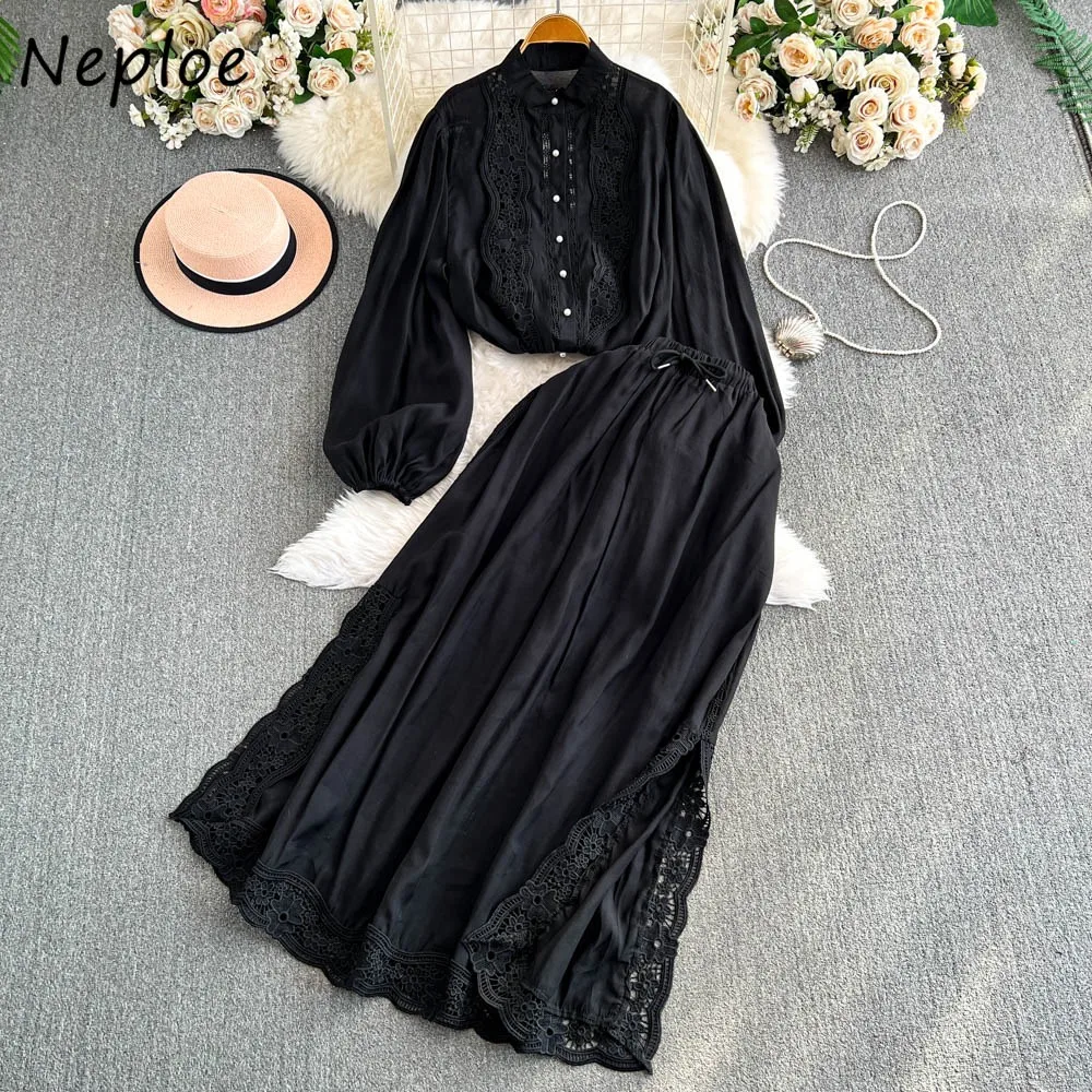 Neploe Minority Stand Collar Lantern Sleeve French Style Set Shirt Hollow Out Vintage Lace Falda High Waist Vent Slim Suit Skirt