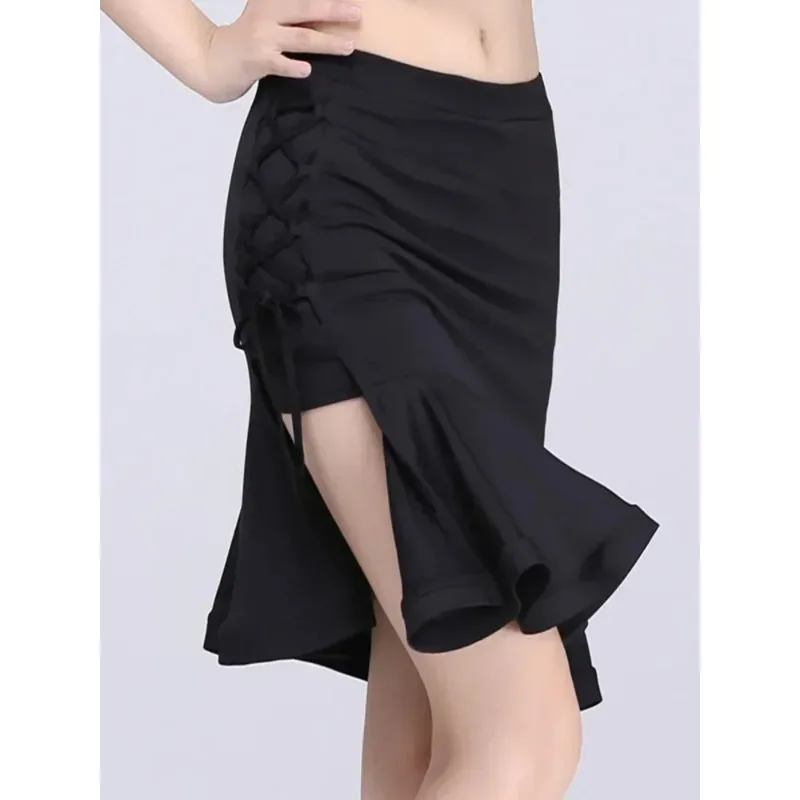 High Waist Latin Dance Practice Split Skirts Women Waltz Costume Classical Solid Color Competition Line Jazz Drawstring Skirt