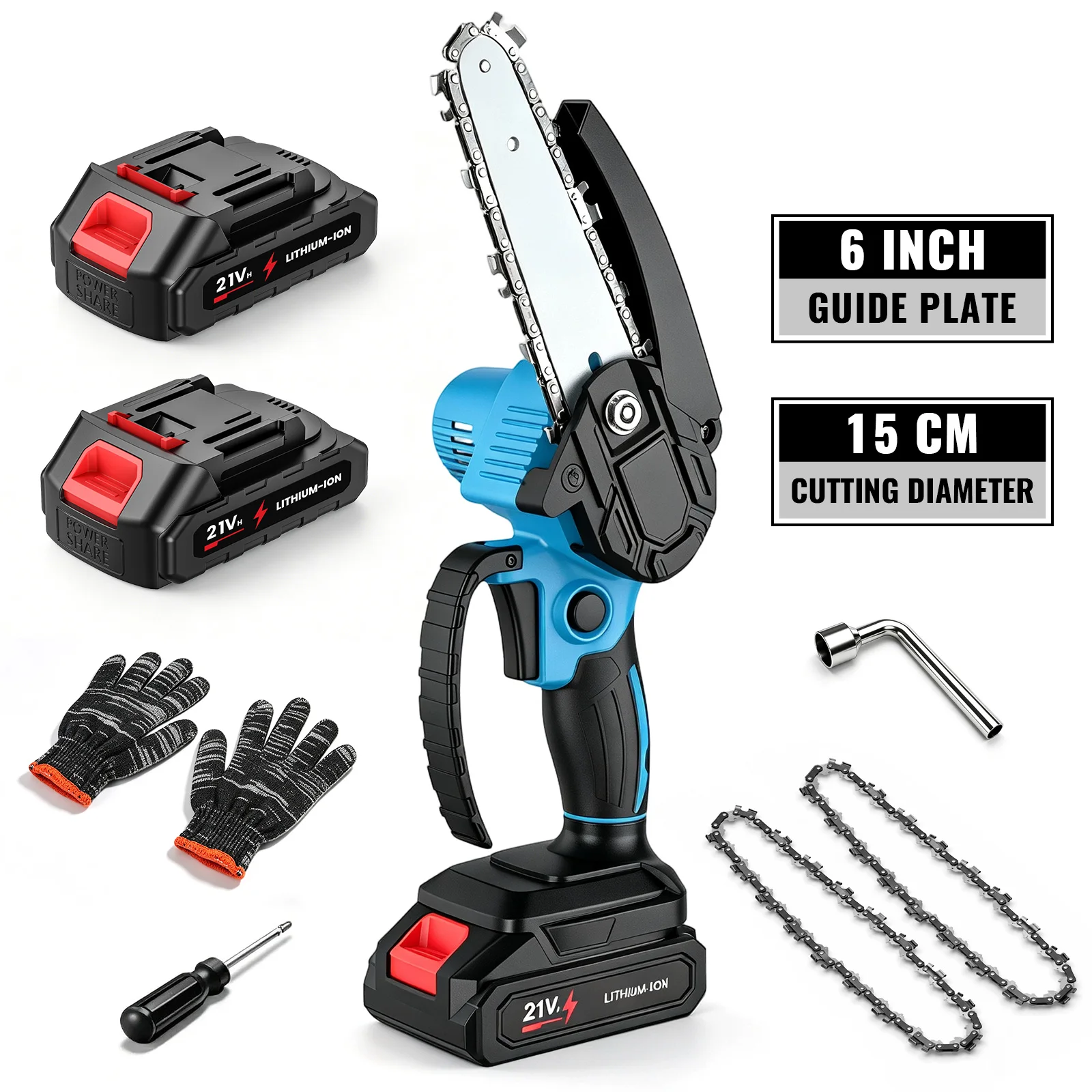 Mini tronçonneuse de 6 pouces avec 2 batteries 21V, petite tronçonneuse électrique puissante et portable avec huileur automatique pour une élagage facile
