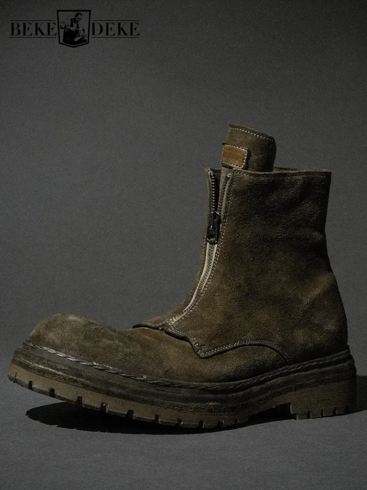

Leisure Fashion Male Zipper Genuine Leather Hard Wearing Ankle Boots Handmade Solid Color Horsehide Round Toe High Top Footwear