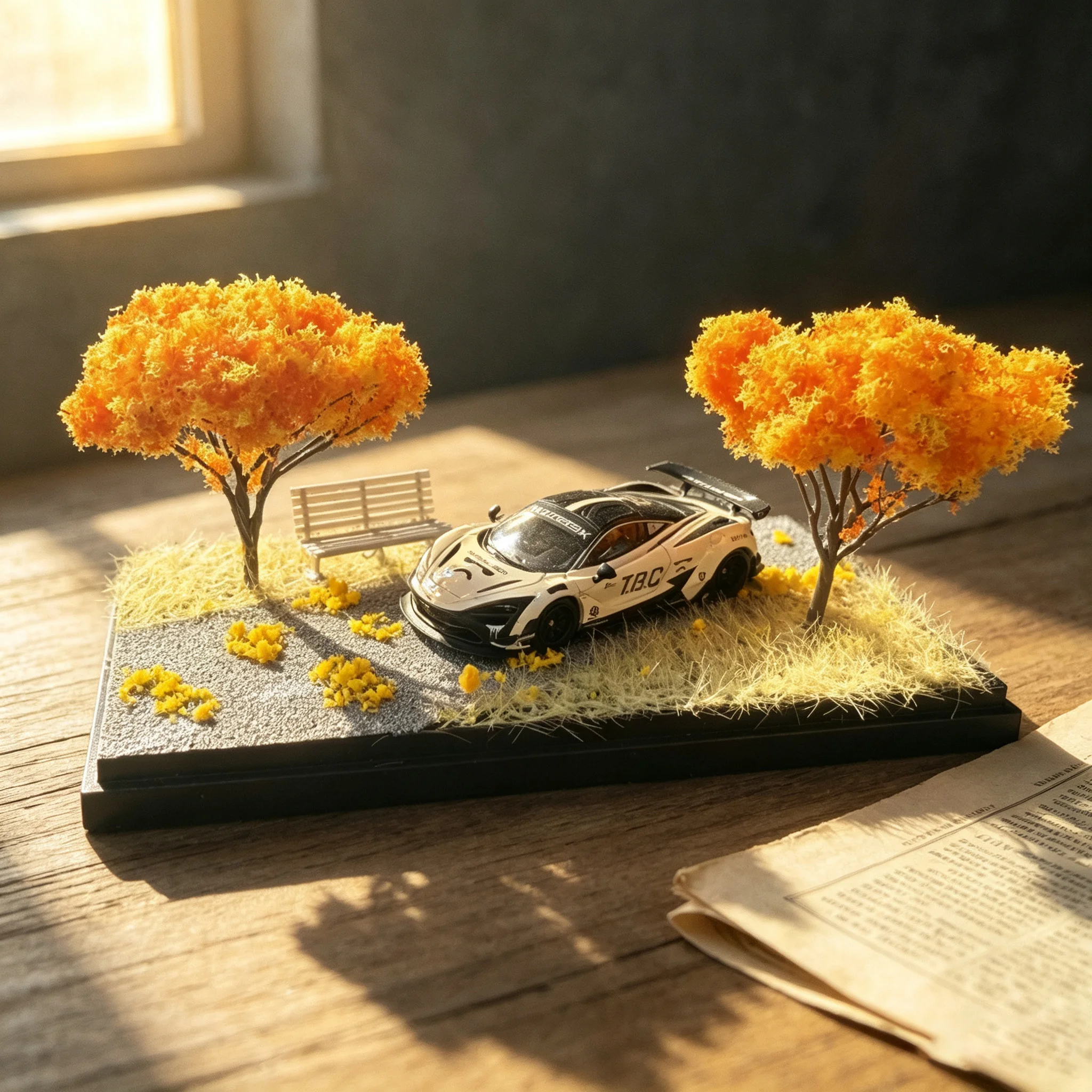 1:64 Autumn Mini Scene Car Model Display Box Falling Maple Leaves Photography Enthusiast 15×77×64mm Mini Ornament