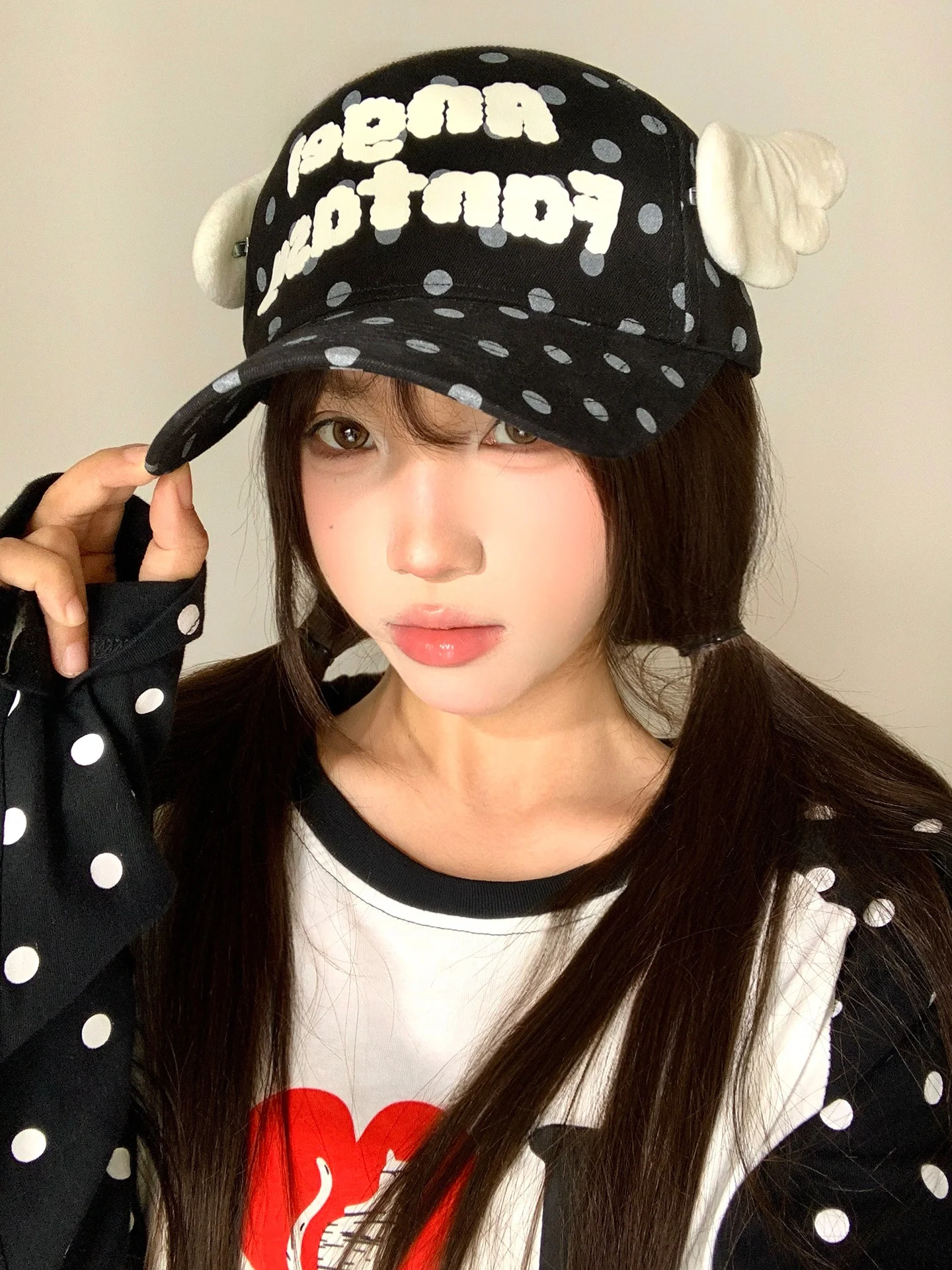 Angel Wing Polka Dot Baseball Cap Women's Spring Summer New Street Fashion Slimming Duckbill Hat Adjustable round Top Casual