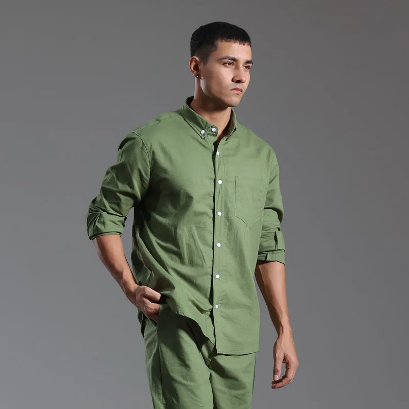 

2025 Coastal Office Shirt for Men Spring Summer UPF 30+ Mandarin Collar Linen-Cotton Blend Wrinkle Resistant Shirts