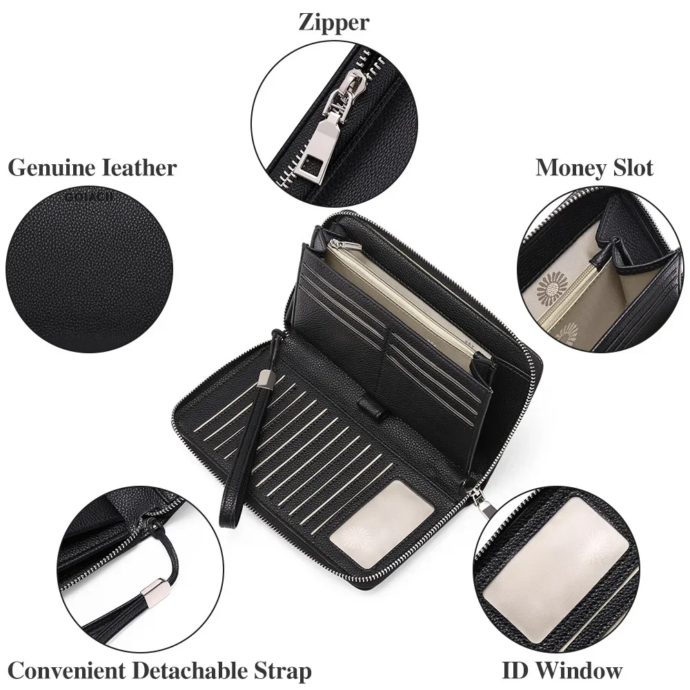 Womens Wallet Leather RFID Blocking Purse Credit Card Clutch Leather RFID Wallet for Women Huge Storage Capacity Ladies Wristlet