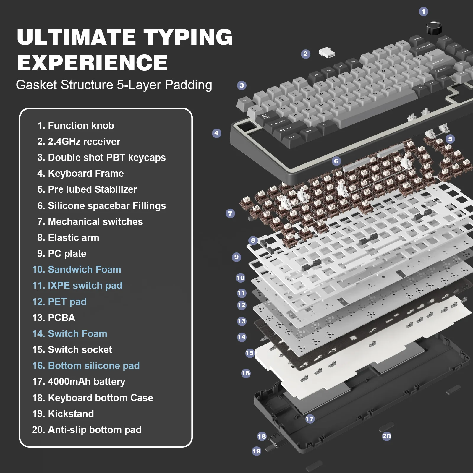 Imagem -06 - Pro Teclado Mecânico para Jogos Cinza Escuro 75 sem Fio Junta Hot Swap Rgb Personalizado bt Tipo-c 2.4g Botão Cremoso Yunzii-b75