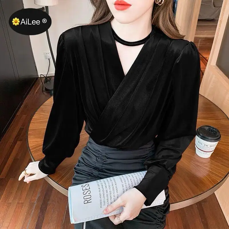 Women Winter Golden Velvet Warm Tops Pullovers Blouse V Neck Wine Red Long Sleeve Korean Fashion Blouse Shirts For Office Work