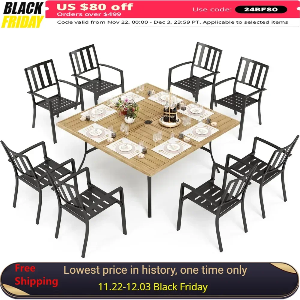 

9 Pieces Outdoor Dining Set, Wood-Like Large Square Metal Steel Dinings Table& Stackable Iron Chairs,Patio Dining Furniture Sets