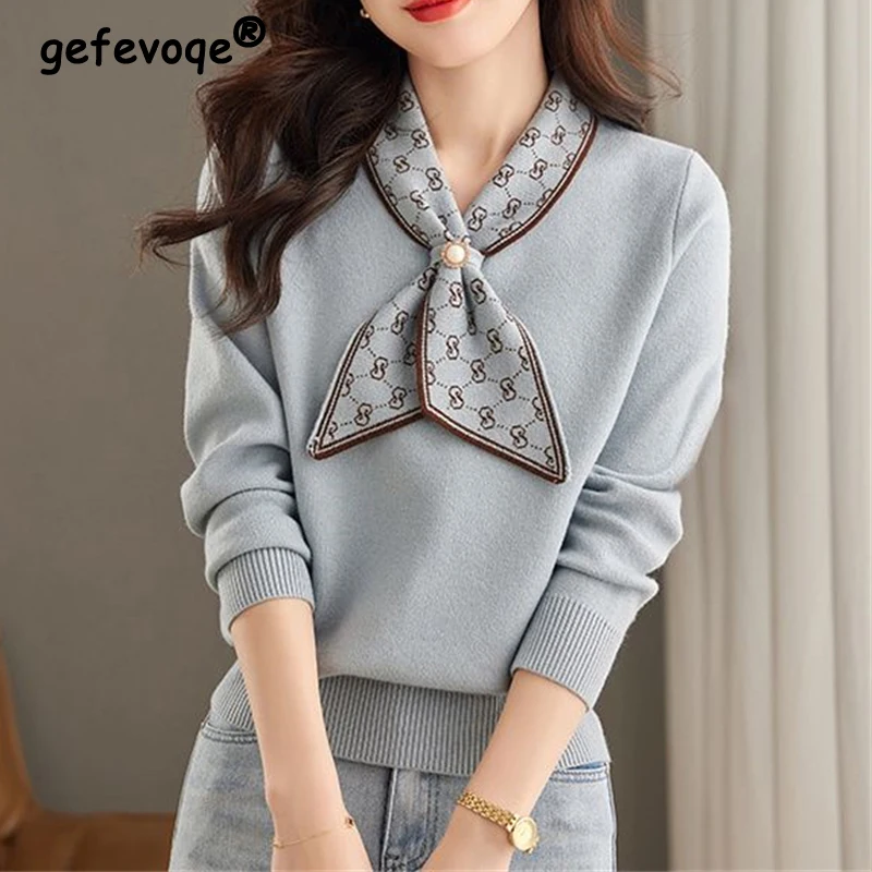 Women Clothing New Autumn Winter Beaded Bow Luxury Design Elegant Knitted Sweater Fashion Long Sleeve Pullover Tops Chic Jumpers