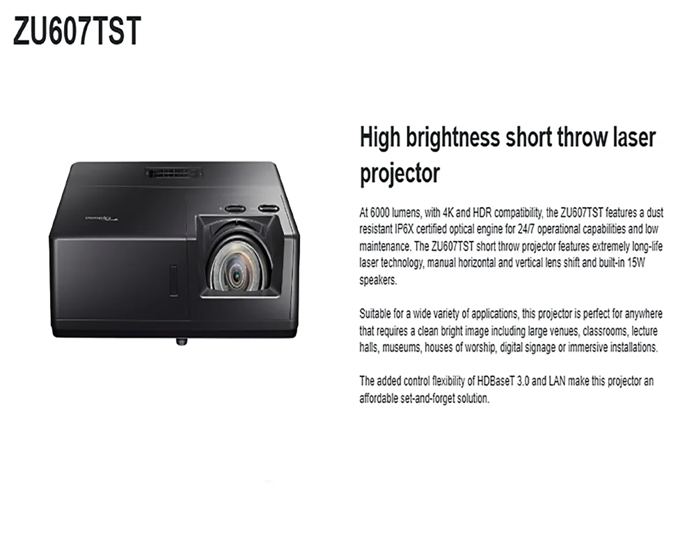 Optoma ZU607TST WUXGA DLP Laser Projector 6000 Lumens 4K/HDR Compatible Full 3D Auto Keystone 360 Operation Internet  Proyector