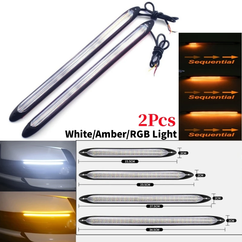

2Pcs Car LED Daytime Running Lights Waterproof Sequential Lamp Flow Turn Signal Light Amber Turn White Lamp
