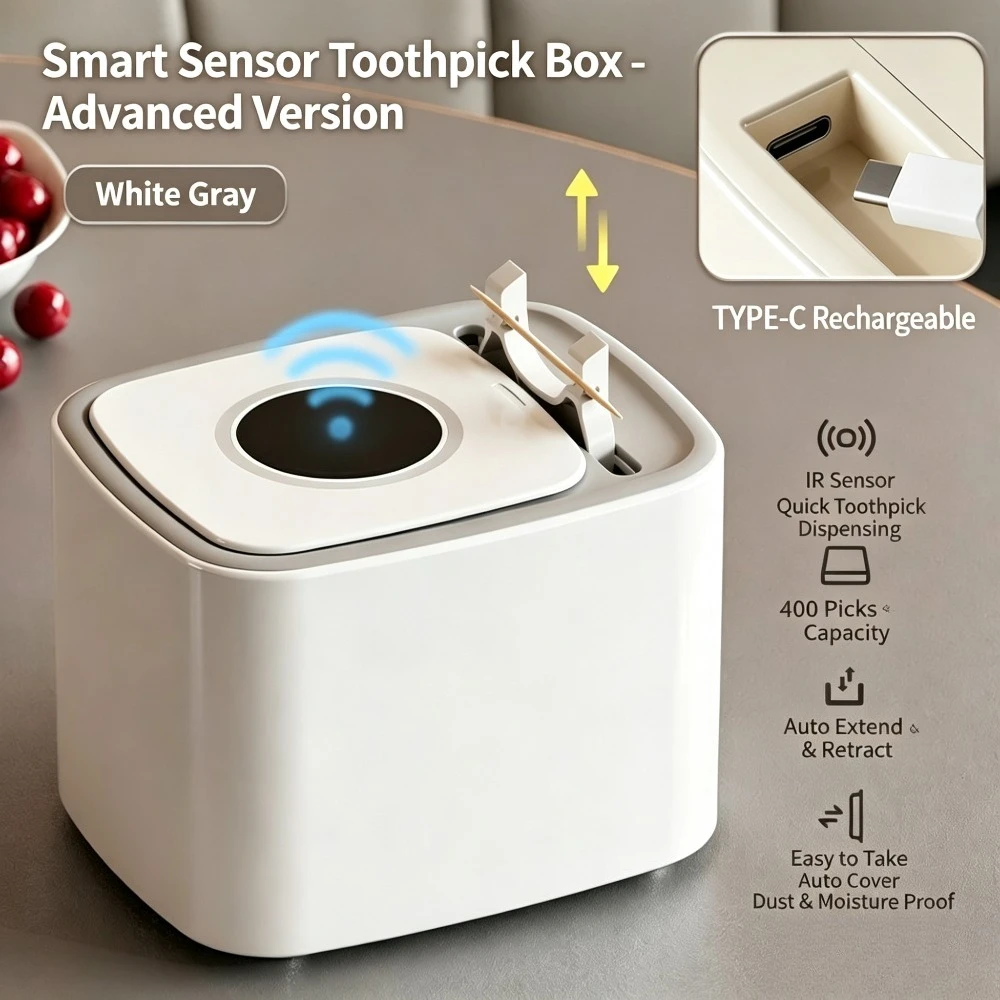 Automatic Sensor Toothpick Dispenser Smart Electric Toothpick Box Auto Pop‑up Toothpick Holder for Home Restaurant Hotel Kitchen
