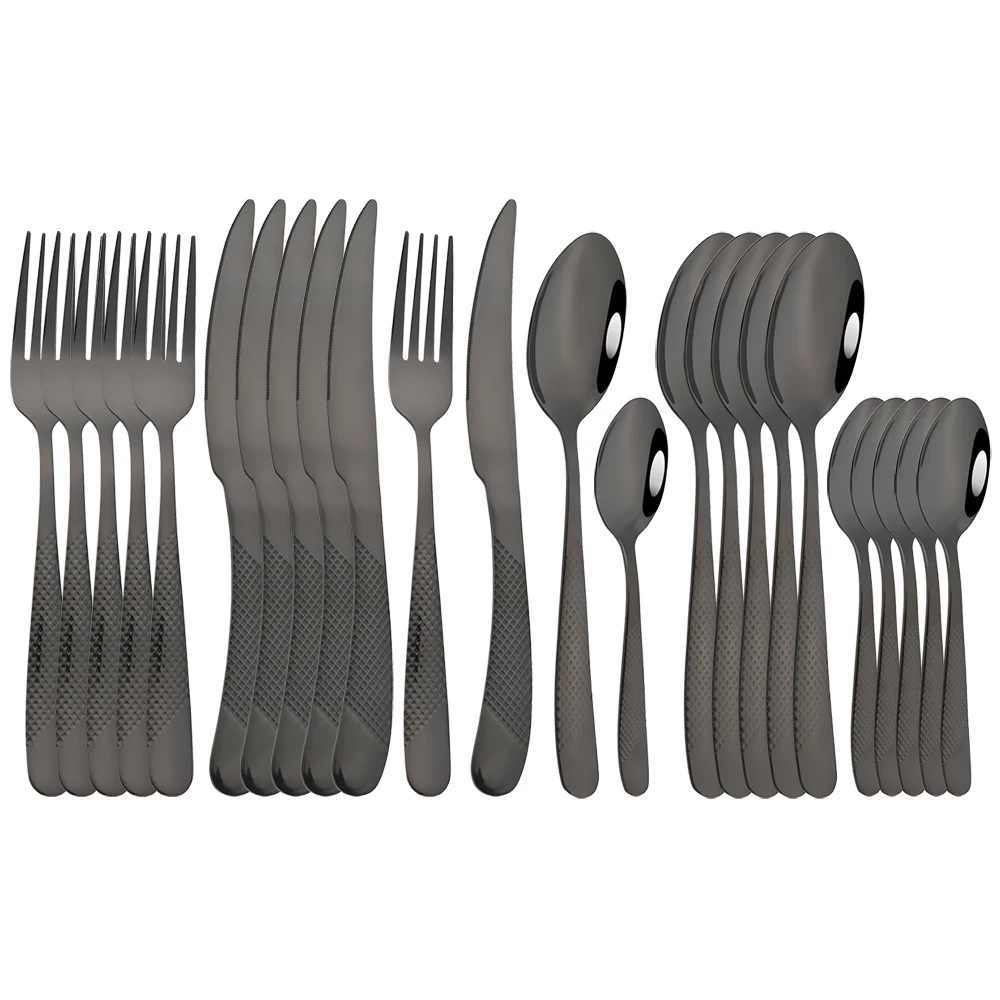 

24Pcs Black Cutlery Set Steak Knife Cake Fork Coffee Tea Spoon Dinnerware Set Stainless Steel Flatware Western Kitchen Tableware