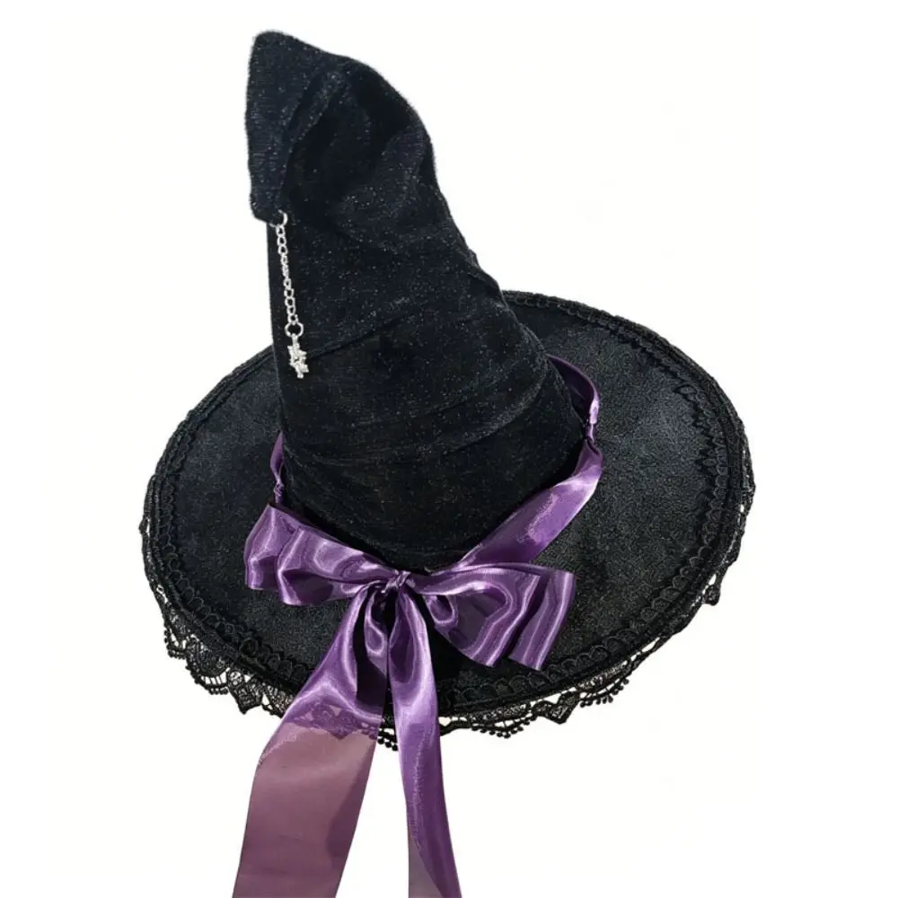 Satin Bow Halloween Hat Star Pendant Lace Lolita Witch Hat Gothic Tall Pointed Cone Top Cosplay Accessories Cosplay Event
