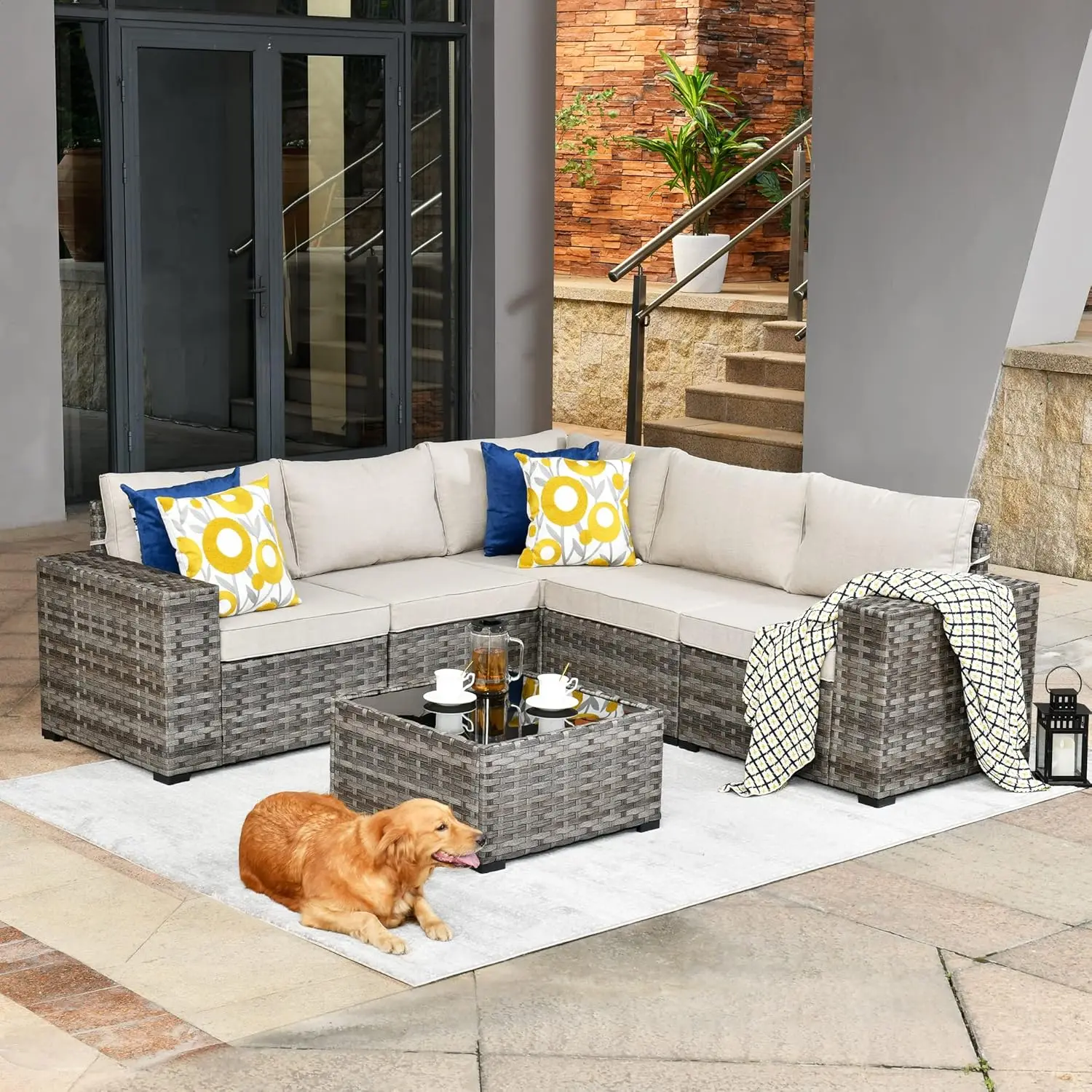 

Outdoor Patio Sectional Furniture Sofa Set with Widened Armrest,6 Piece Couch,Modular L Shaped Seating Set with Table