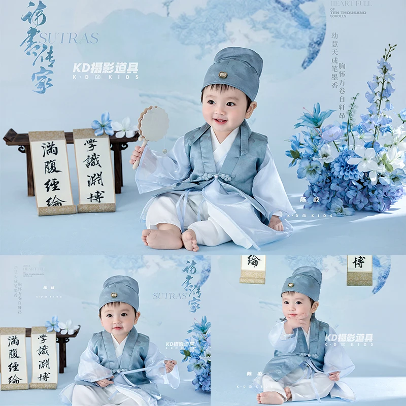 100 Days Newborn Photography Outfit Chinese Style Blue Robe with Hat, Confucius Scholar Costume, for Baby Photoshoot with Props