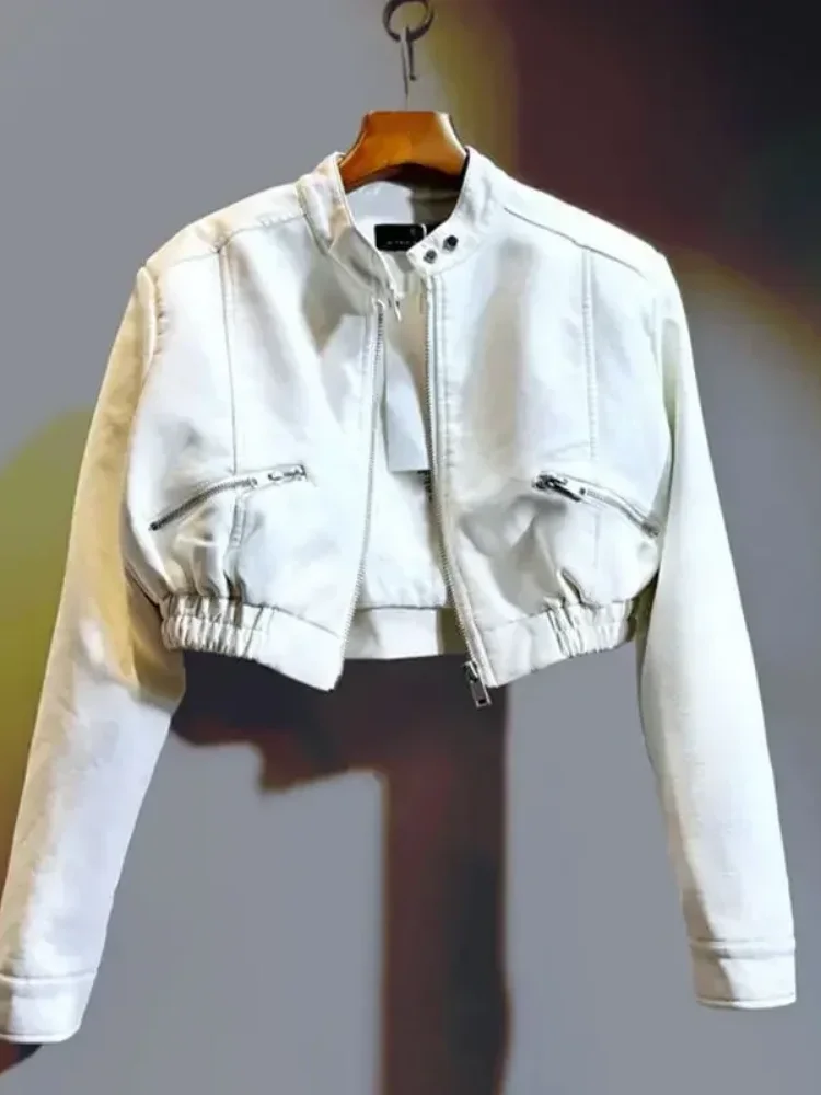 

Fashion Solid Zipper Short Leather Jacket Women Stand Collar Long Sleeve Loose Bomber Coat 2026 Lady New Spring Autumn Outerwear