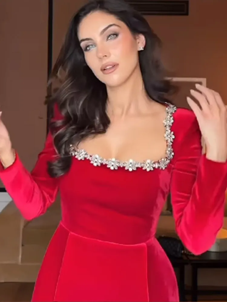 Solid Square Collar Long Sleeve Velvet Gown Elegant High Waist A-line Beaded Dresses New Lady Christmas Evening Party Vestidos 