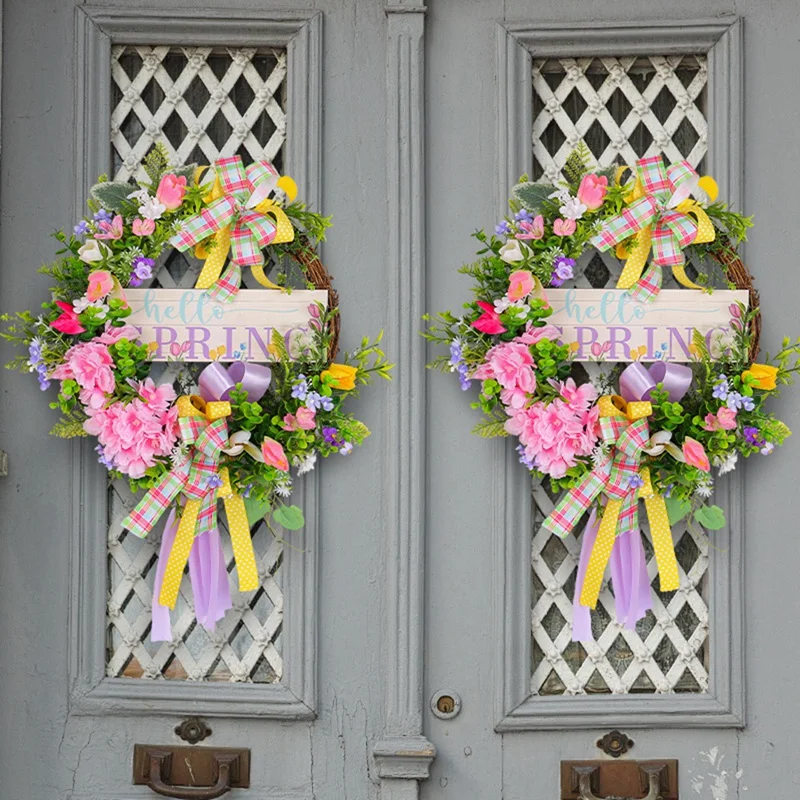 A27Q-Spring Front Door Welcome Sign,Wooden Wreath Front Porch Decor Welcome Home Sign Hanging Decoration For Farmhouse Wreath