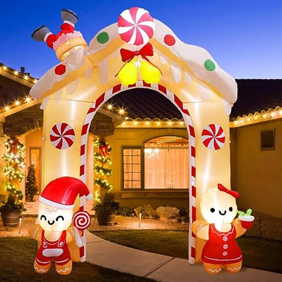 

Outdoor Christmas party inflatable archway, gingerbread man design, white and red color, 10FT with LED lights for festive decor