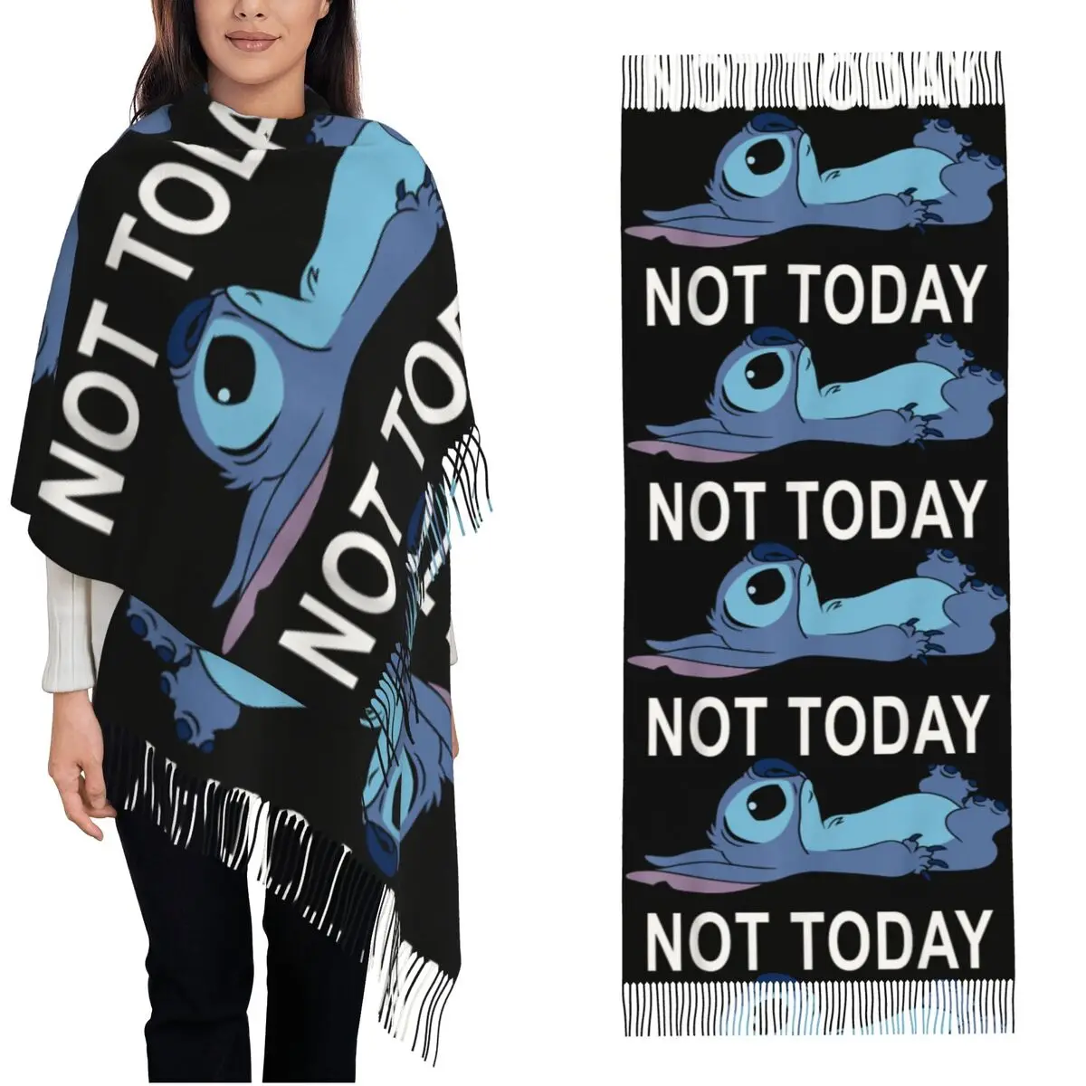 

Шарф Lilo & Stitch Not Today Stitch: женские головные платки с длинными кисточками, зимние повседневные шали, теплые мягкие дизайнерские банданы