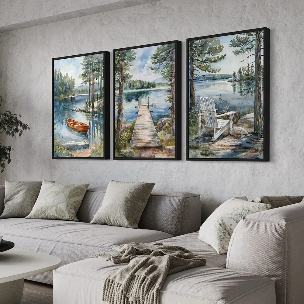 1pc frameless Lakeside Cabin Wall Art Canvas Painting Fishing Pier, Old Boat and Adirondack Chair Watercolor Canvas Print Home D