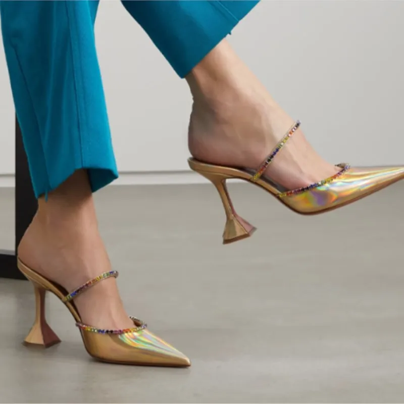 Outerwear: Fashionable glittering rhinestone silk satin high-heeled shoes with a baggy top and a half-length slipper.