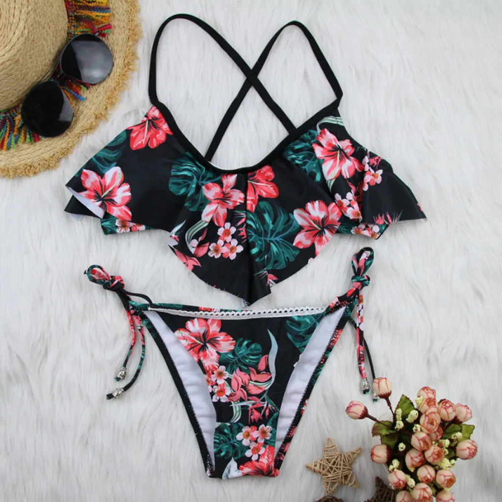 Ruffles Bikini 2024 Floral Print Sexy Women Swimsuit Push-Up Bikinis Two Pieces Tie Side Bandage Bathing Suit Brazilian Swimwear