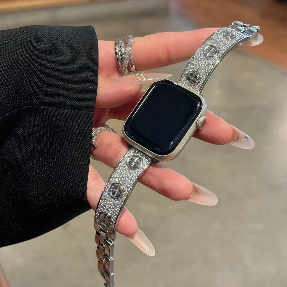 حزام مجوهرات فاخر لسلسلة أبل IWatch UItra 10 9 8 7 6 5 4 SE حزام الساعات 42 40 41 38 49 45 44 46 مللي متر أساور الماس امرأة #3