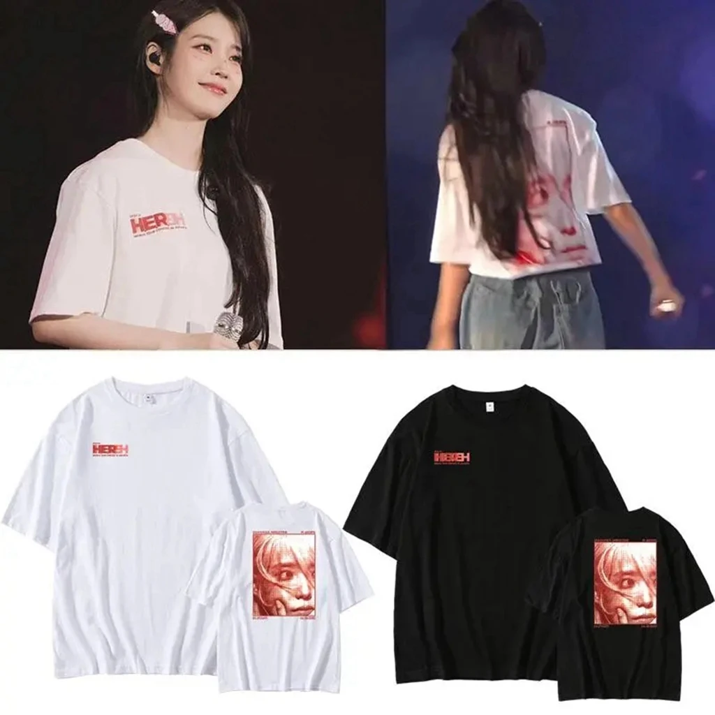 Kpop iu HER 2024 Man/Women Harajuku Cotton LOVE Flame Pattern Crop Top T-shirt Round Neck Casual Unisex Streetwear Tee Top