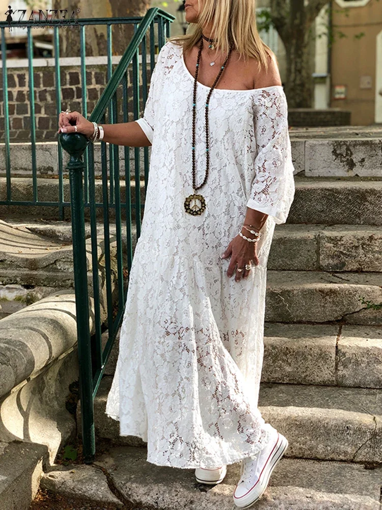 ZANZEA-Vestido largo de verano para mujer, vestido largo de encaje de ganchillo de media manga para fiesta, vestido veraniego elegante con agujeros para vacaciones en la playa, bata para mujer